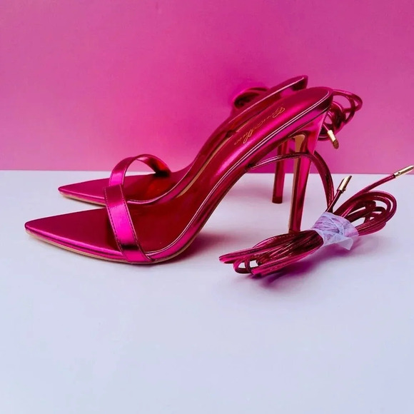 Women’s Metallic Pink Lace-Up Stiletto Heels Sexy Party Shoes Size 7 - Picture 3 of 9